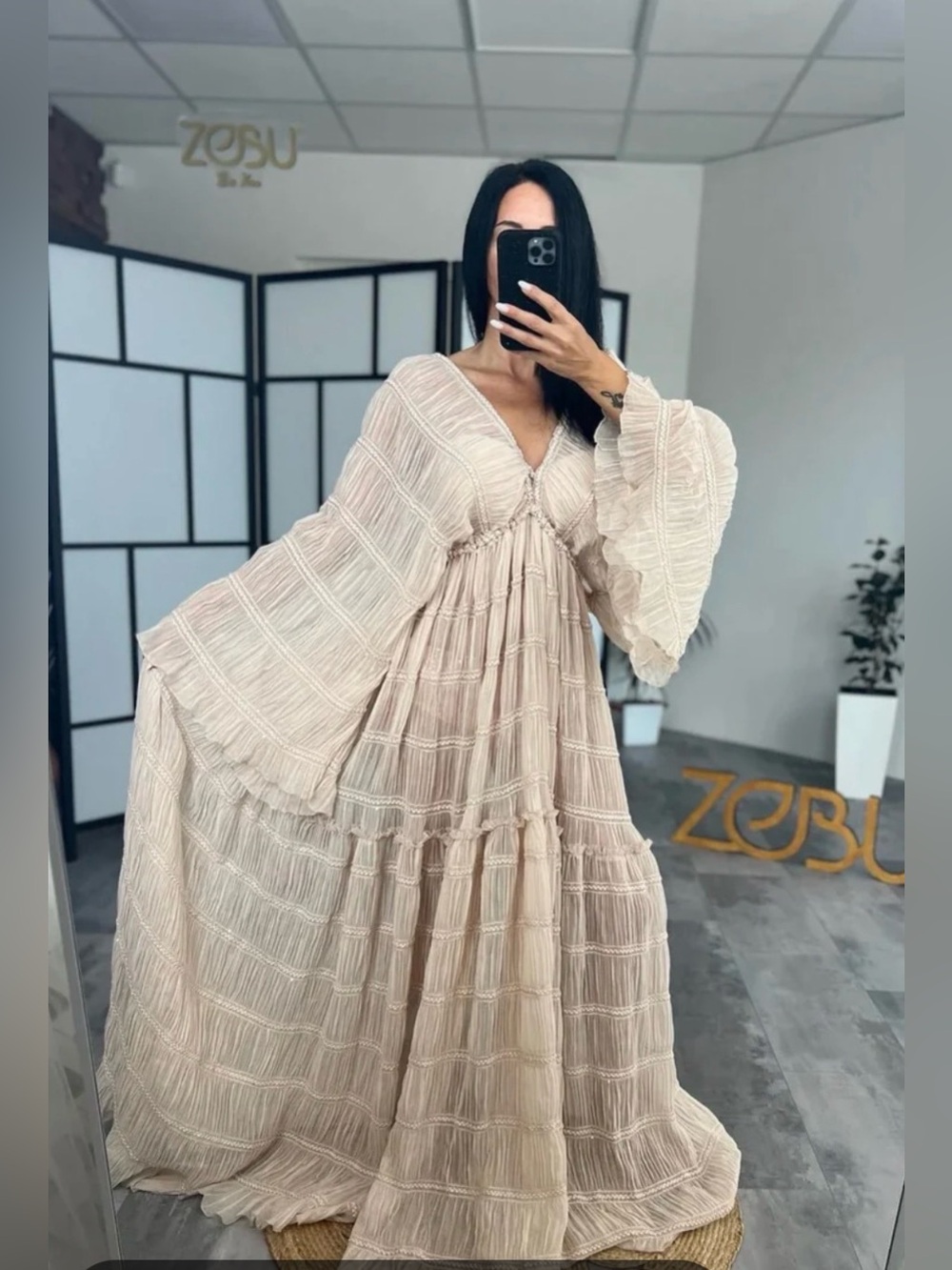 MAME KUROGOUCHI GEORGETTE SHIRRING GOWN DRESS Size:Large